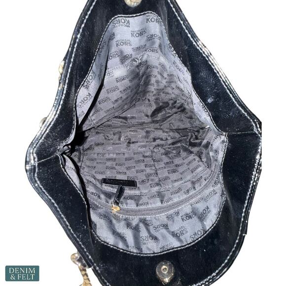 Michael Kors Black Patent Leather Tote Bag Gold Chain Shoulder Straps Large - Picture 12 of 13